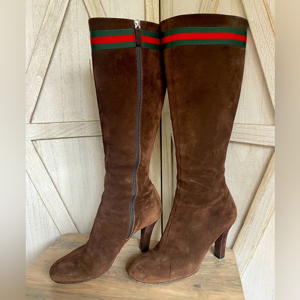 Gucci tall brown suede leather boots with classic web detail size 37